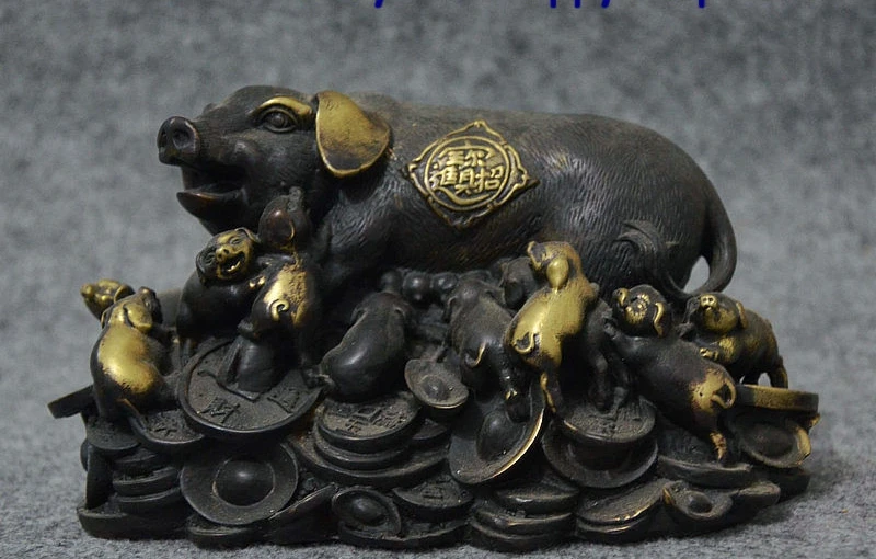 

7" Old Chinese FengShui Bronze Wealth Zodiac Pig Piggy Money YuanBao Coin Statue