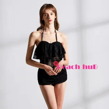 

2019 Women Swimwear Bikini Mesh Black Swimsuit High Waisted Bikini Swimsuit Ruffle Halter Bathing Suits Large Size xxl
