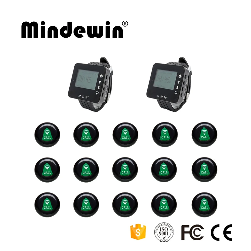 

Mindewin Wireless Call Bell 15pcs Call Button + 2pcs LED Screen Watch Receiver Wireless Call System For Cafe Shop Or Restaurant