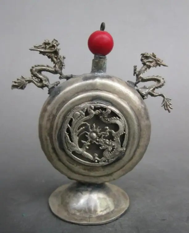 

China Collectible Old Tibet Silver Carve Double Dragon Decor Noble Snuff Bottle