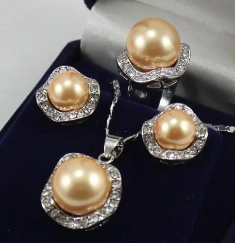 

FREE SHIPPING10mm &14mm gold color South sea Shell Pearl Earrings Ring Necklace Pendant Set