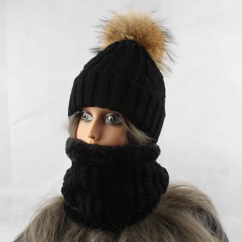 2019 для женщин s шапки с шарфом теплый флис внутри Beanie обувь для девочек зимние кепки Настоящее помпон из меха норки шляпа женский вязаный