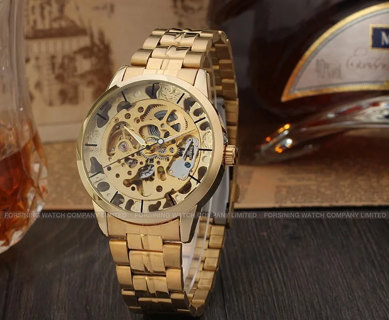 Роскошные мужские золотые полностью стальные прозрачные часы Скелет автоматические механические часы стимпанк часы мужские Relogio Masculino