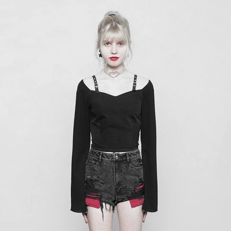 Black Готическое украшение на молнии Harajuku, сексуальная короткая футболка с тонкими лямками, модные женские черные топы с открытыми плечами в стиле панк, RAVE PT-230 - Цвет: Black