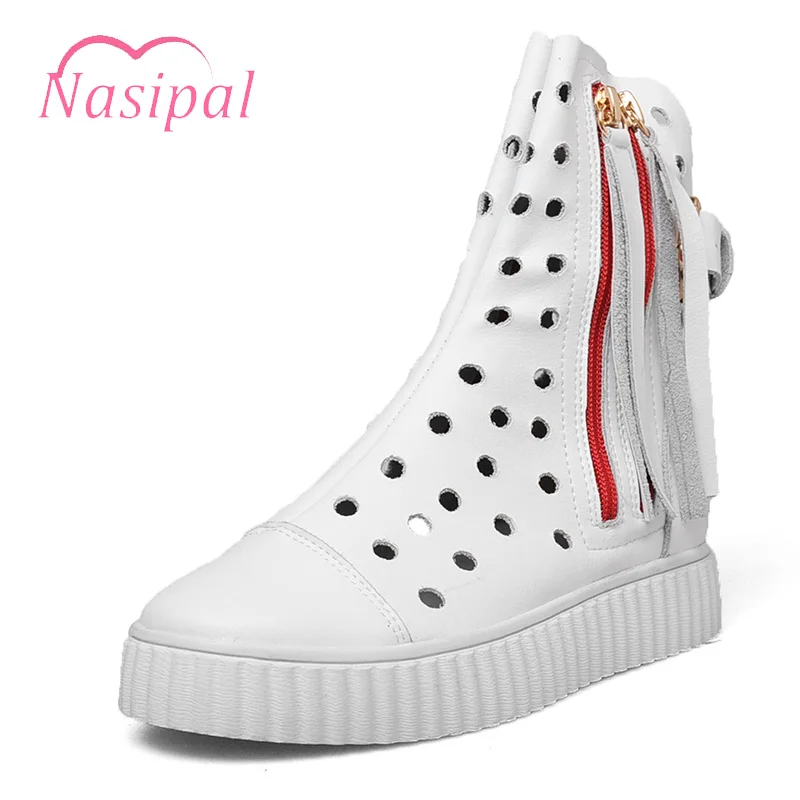 

Nasipal Genuine Leather Women's Shoes Round Toe Platform Heels Cow Leather Mid Calf Boots Fashion Cutouts Summer Style Boots