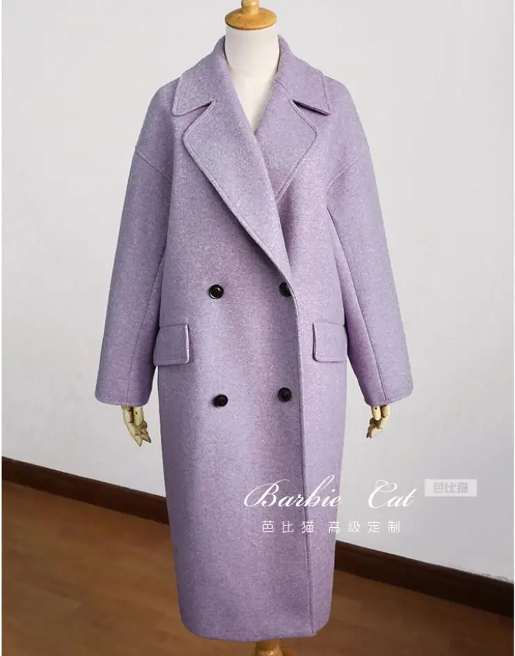 Зимние пальто модное элегантное шерстяное пальто фиолетовое двубортное женское Шерстяное свободное Прямое пальто