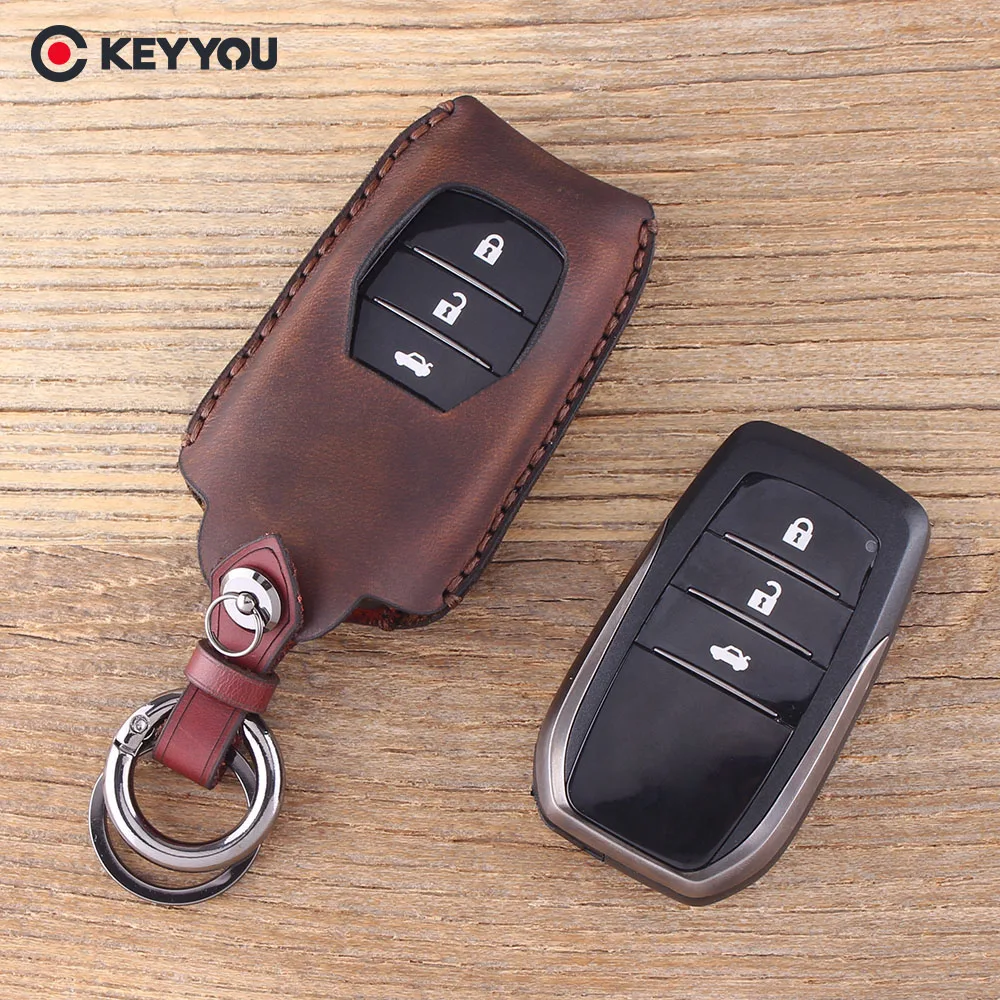 

KEYYOU Genuine Leather For Toyota Camry RAV4 Crown Highlander Corolla 3 Buttons Key Shell Keychain Car Key Case Key Cover
