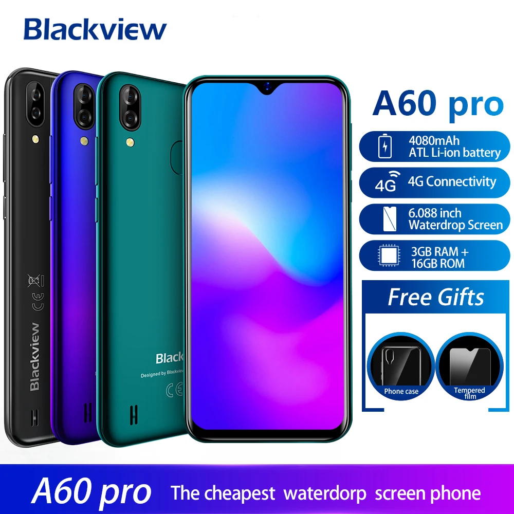 Смартфон Blackview A60 Pro 4G, Android 9,0, 3 Гб ОЗУ, 16 Гб ПЗУ, 4080 мАч, аккумулятор, 6,088 дюйма, экран капли воды, разблокировка мобильных отпечатков пальцев