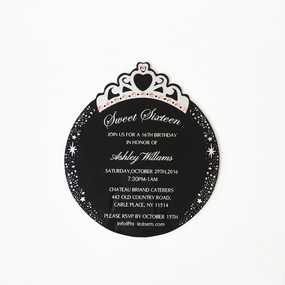 Carte D Invitation D Anniversaire En Acrylique Noir Couronne De Princesse Ronde 150x170mm Carte D Invitation Douce A Seize Pieces Par Lot 100 Pieces Aliexpress