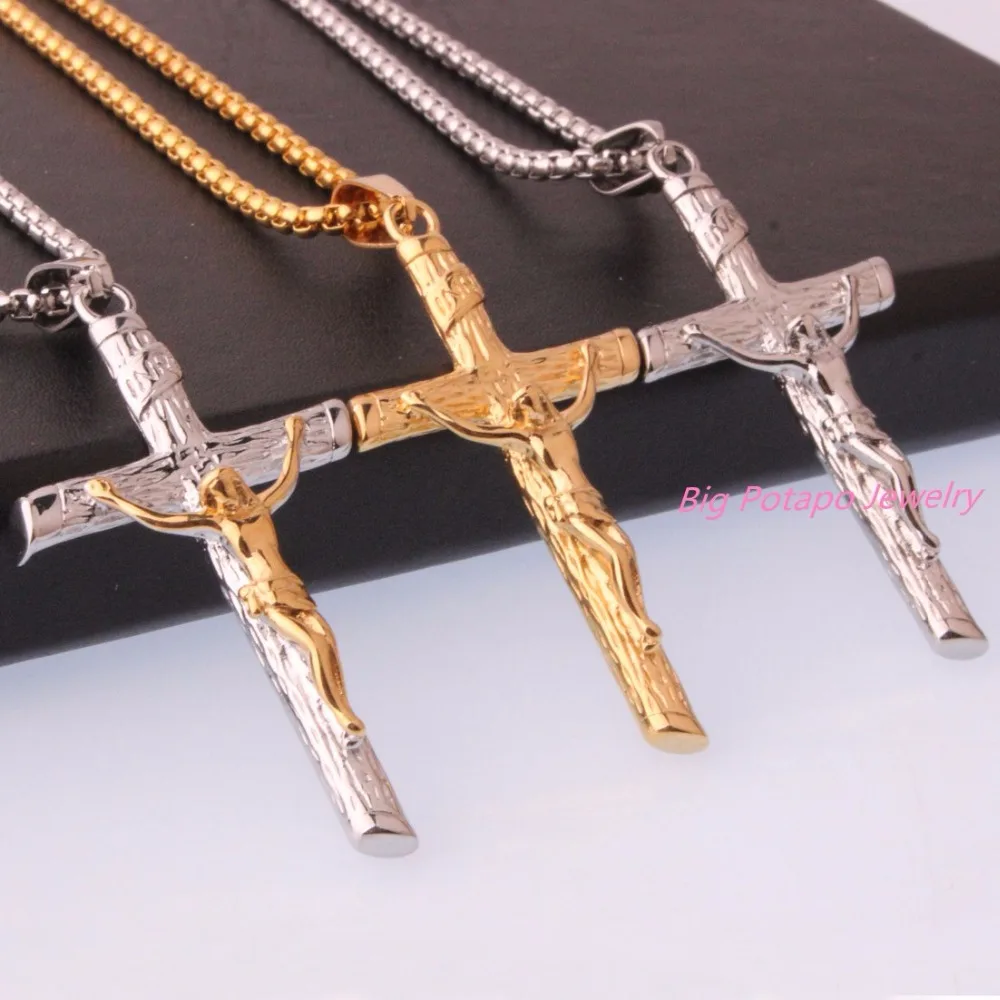 Catholic Church Silver Gold Stainless Steel Jesus Cross Necklace