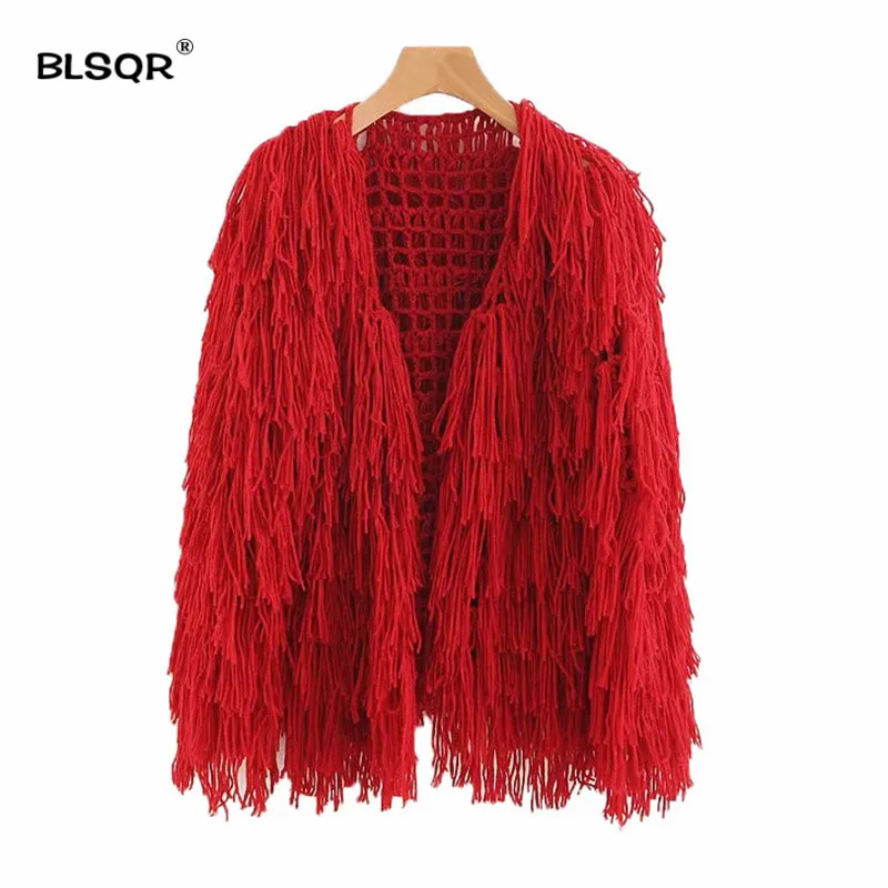 astounding  Vintage Hand knitted Hollow Out Long Tassel Cardigan Sweater Jackets Woman V neck Fringed Loose Kni
