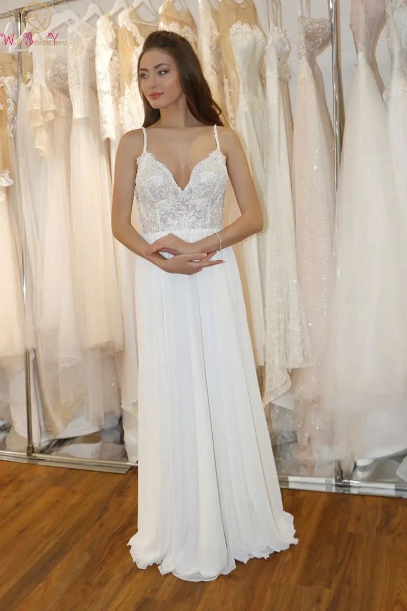

2019 V Neck Long Beach Bridal Gowns White Ivory Simple Sleeveless Backless Lace Chiffon Church Formal Pearls Wedding Dresses