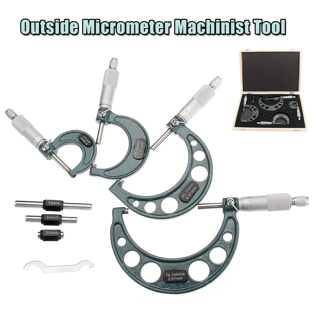 

0-100mm/0.01mm Premium Outside Micrometer Set Machinist Tool Precision Carbide Tips