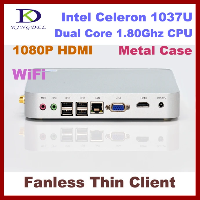 Metal case+ Fanless Thin Client PC, Mini Computer, Intel Celeron 1037U,4GB RAM, 64GB SSD, WiFi, 1080P HDMI