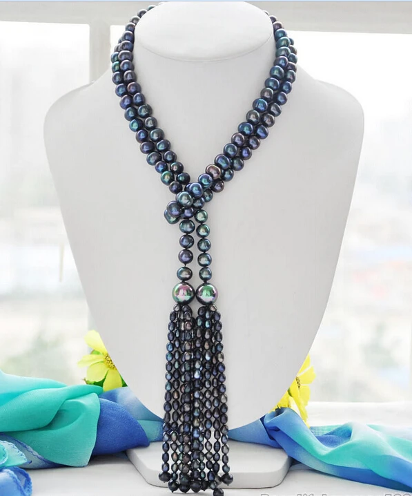 

FREE shipping>>>>z6084 New Style 10mm peacock black round freshwater pearl necklace 50inch new