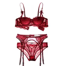 Sexy Mousse half Cup Bra Set Lace lounge Women Underwear deep V Black Byusgalter Bra +Transparent panties +Garters Set 3 pieces