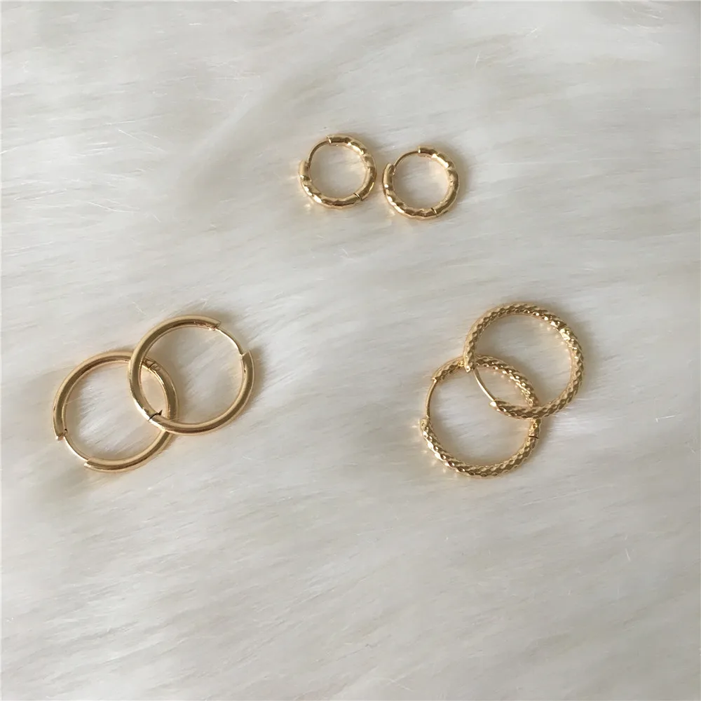 Модные Позолоченные простые текстурированные серьги-кольца из нержавеющей стали для унисекс