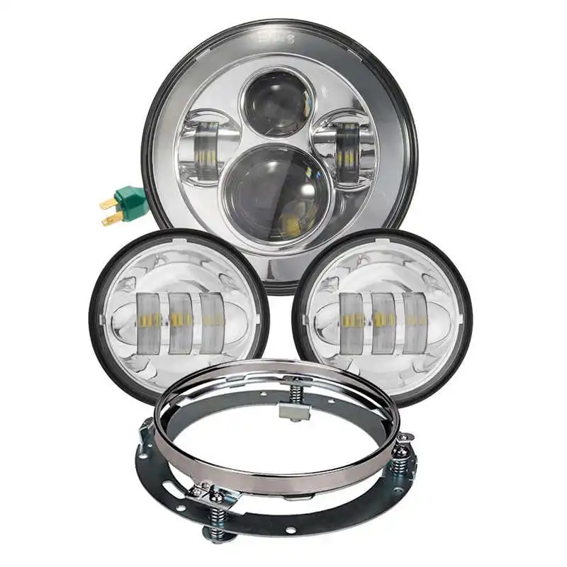 Chrome Harley Daymaker 7inch LED Headlight with 4.5inch Matching Chrome Passing Lamps for Harley Davidson Motorcycles with Adapter Ring