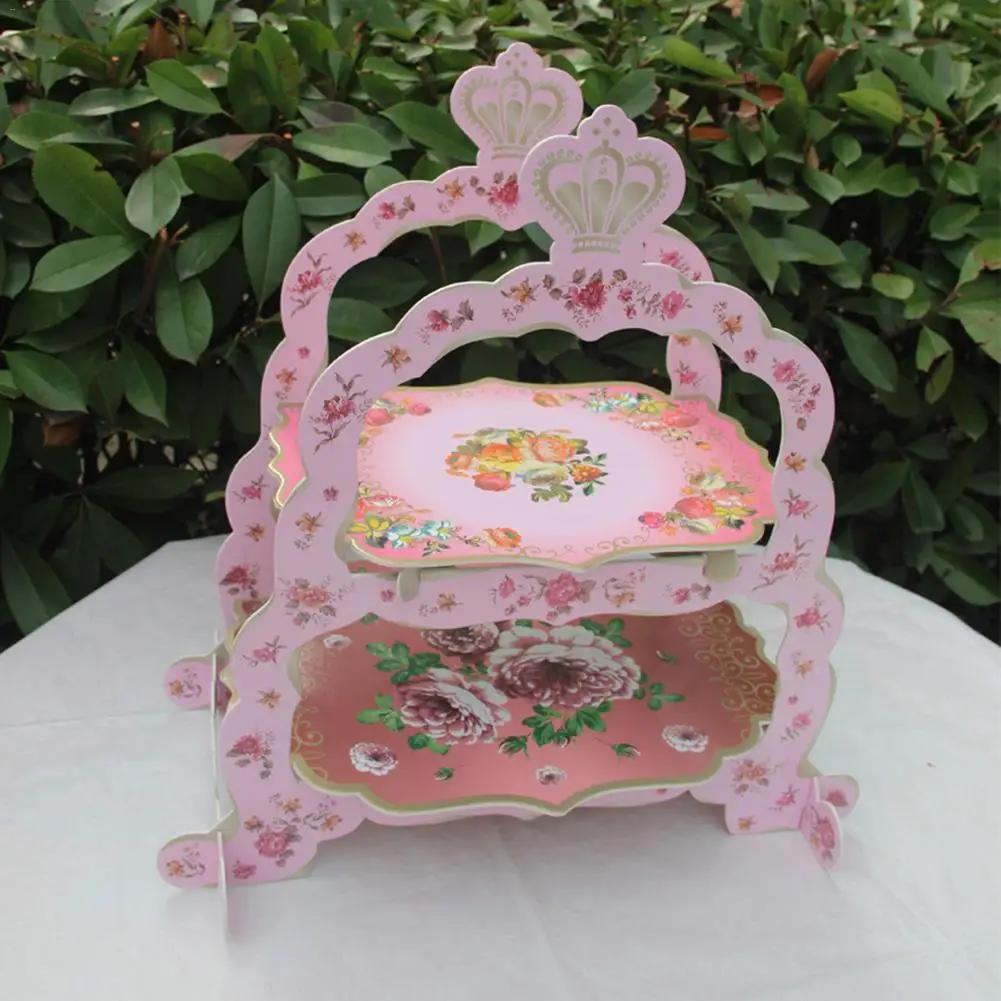 2 яруса бумажный торт стенд розовый цветок свадебный десерт картон стенд чай время конфеты блюдо ребенок душ вечерние принадлежности