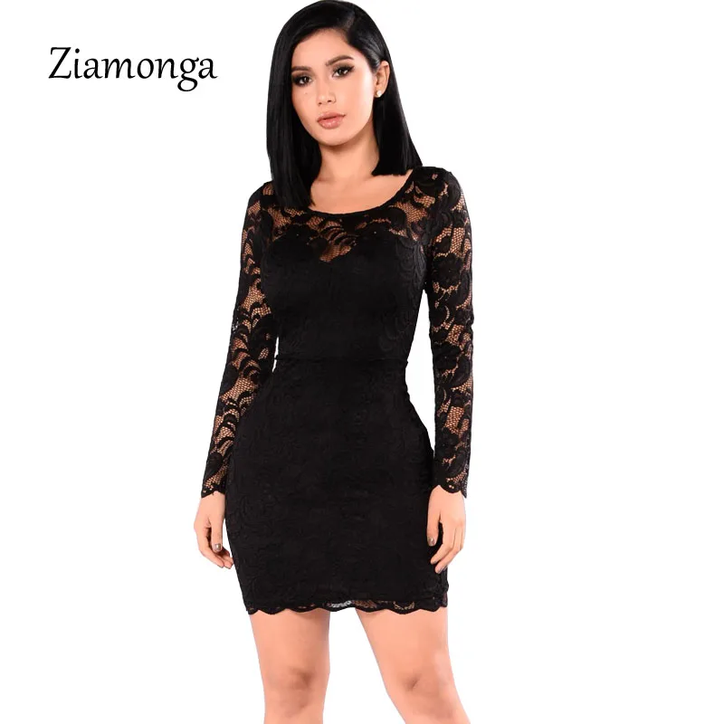 

Ziamonga Hollow Out Floral Lace Dresses Long Sleeve O-Neck Mini Sexy Dress Women Pencil Bodycon Party Dresses Vestidos Verano