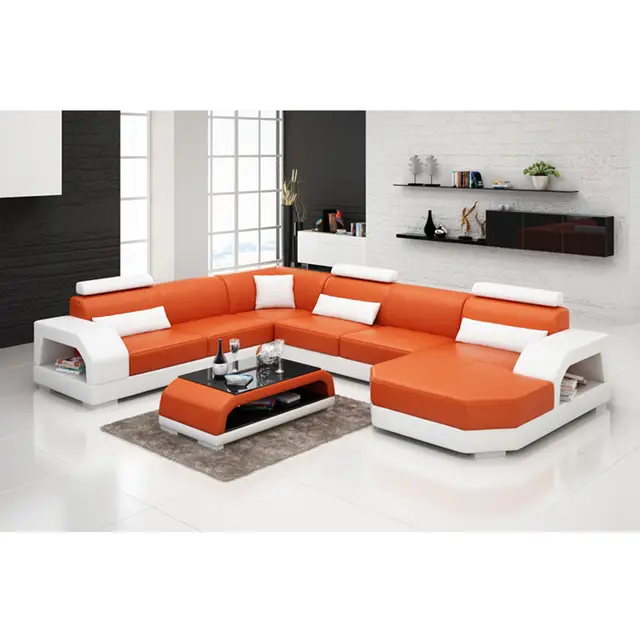 Living Room Furniture U Shaped Bright Colored Orange Leather Sofa