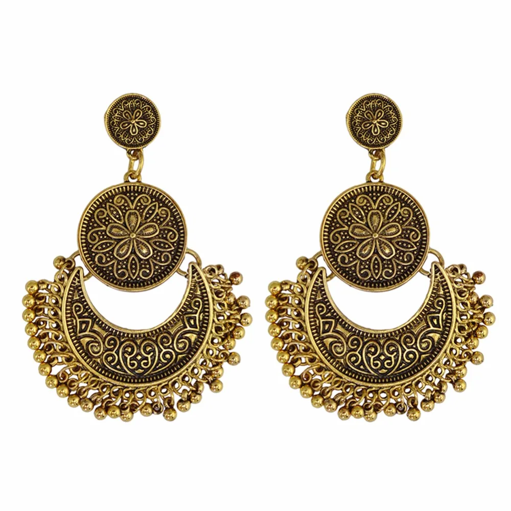 Women's Boho Earrings Vintage Silver Gold Bohemia Flowers Carved Tassel