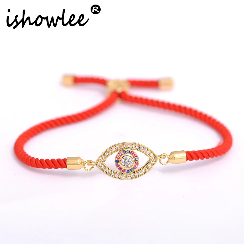 

ISHOWLEE Gold Evil Eye Amulets Bracelets for Women Gem Pave Setting Red Thread Lucky Charm Bracelets Femme Turk Jewellry sla02
