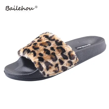 

Women Slippers Ladies Home Female Indoor shoes Woman Slip On Slides Faux Fur Flat Fashion Leopard Slipper Flip Flop Sandal