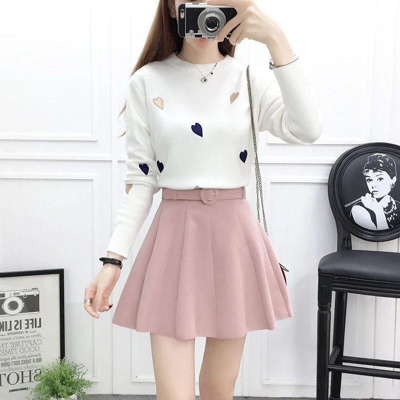 

New Winter Skirt Suits Girl Love Sweater Knit Top & Skirt Belt Solid Pleated Skirts Two-Pcs Clothing Set Women Outfit Knitwear
