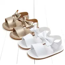 Милые сандалии с бантиком для маленьких девочек резиновая нескользящая обувь для новорожденных Новая летняя однотонная обувь из искусственной кожи для малышей Возраст 0-18 месяцев