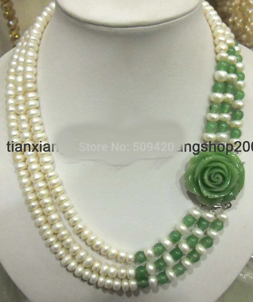 

Free Shipping >7-8mm White Freshwater Pearl Natural Emerald Necklace 3row flower Clasp