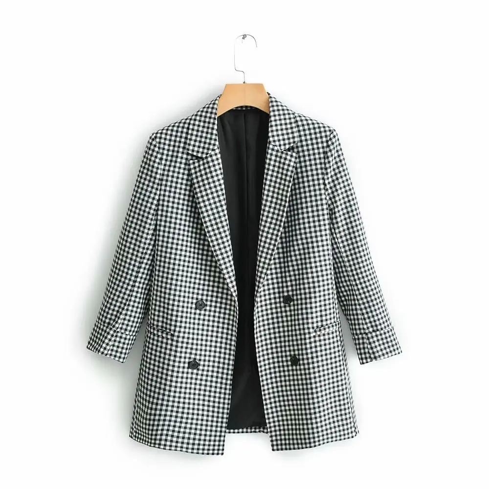 

2019 women fashion plaid print black pockets blazers office lady bouble breasted coat notched collar business suit tops CT218