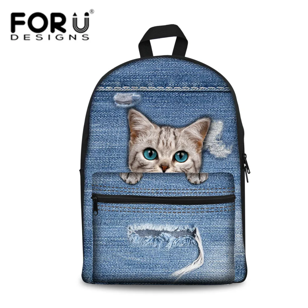

FORUDESIGNS Denim Hole Cat Schoolbags Backpack Newest Animal School Bags For Teenage Girls Kids Large Canvas Shoulder Rucksacks