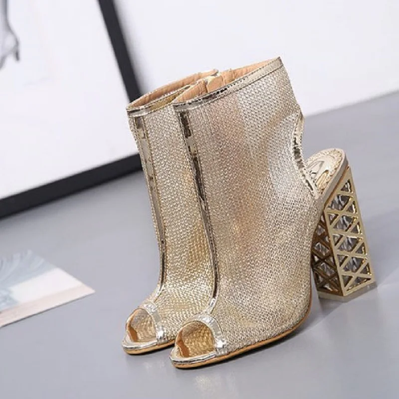 

New fish mouth hollow mesh high heel crystal thick with women sandals fashion sandals.