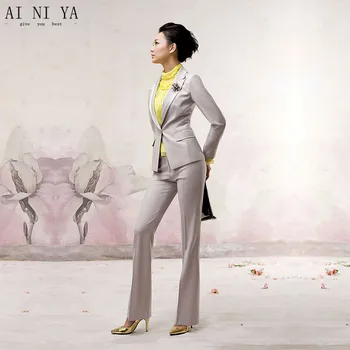

Light Gray Formal Uniform Design Women Professional Business Work Suits With 2 Piece Jackets+Pants Ladies Trouser Suit Blazers