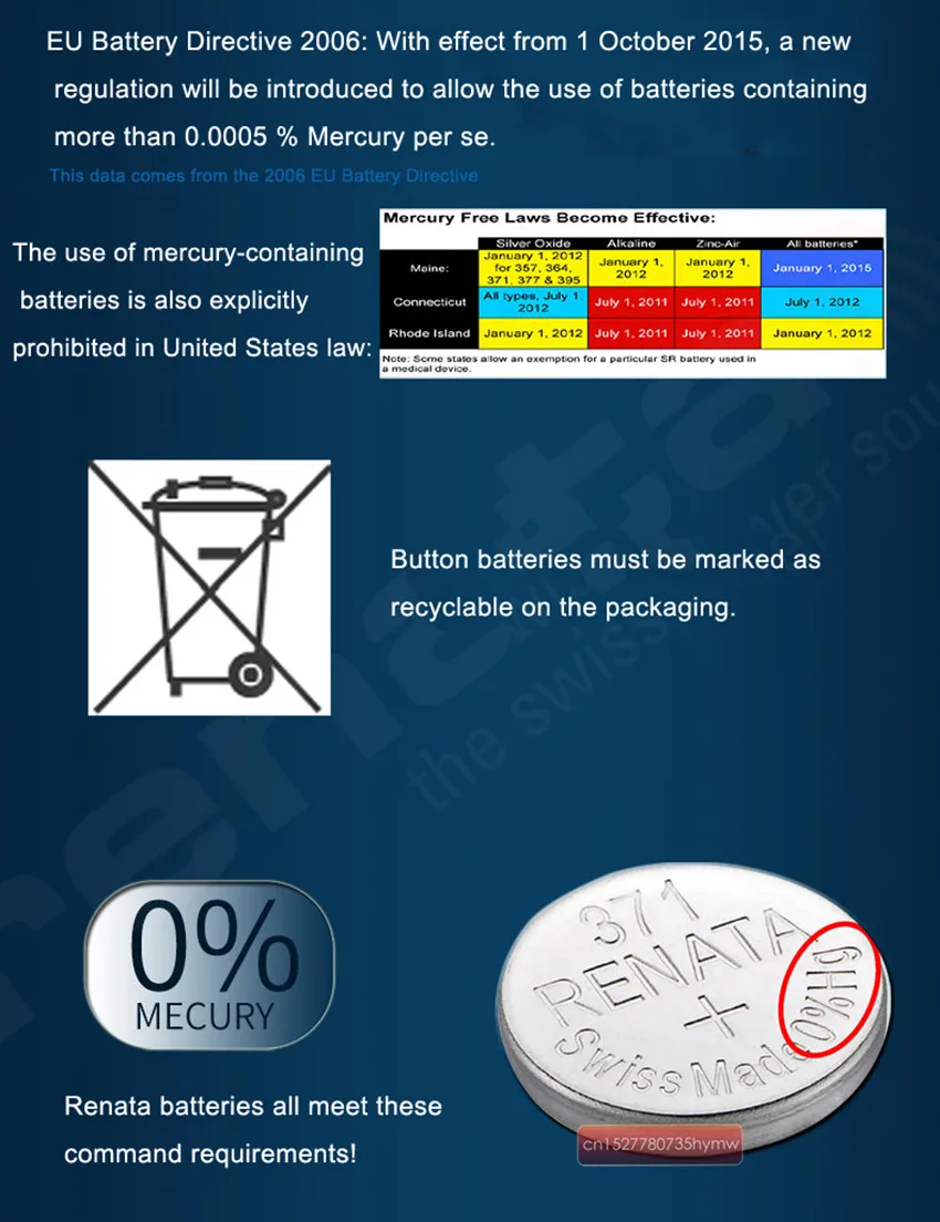 1 шт. батареи для часов Renata Swiss Made Cell Button Silv-Oxide 1.55v-364 SR621SW AG-1