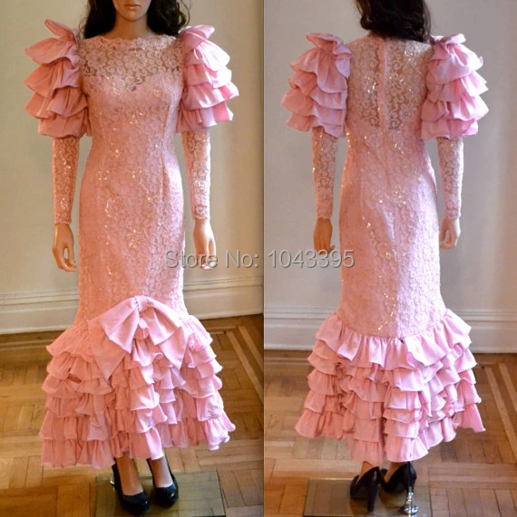 Vintage 80s Prom Dress Pink Lace with ...