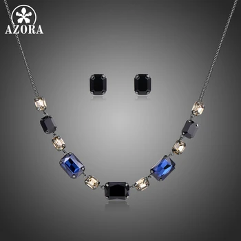 

AZORA High Quality Black Gold Austrian Crystals Pendant Necklace and Stud Earrings Jewelry Sets for Women Fashion Jewelry TG0264