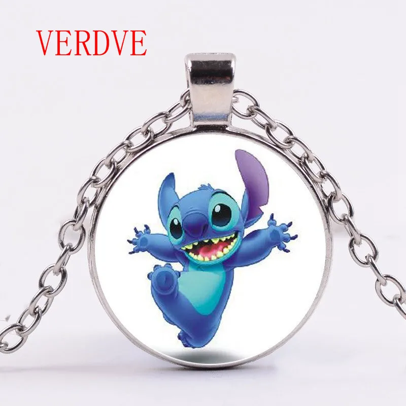 

3/Color New Cartoon Handmade Fashion Jewelry Blue Stitch Goblin Necklace Silver Chain Glass Dome Pendant Necklaces Gifts Girl