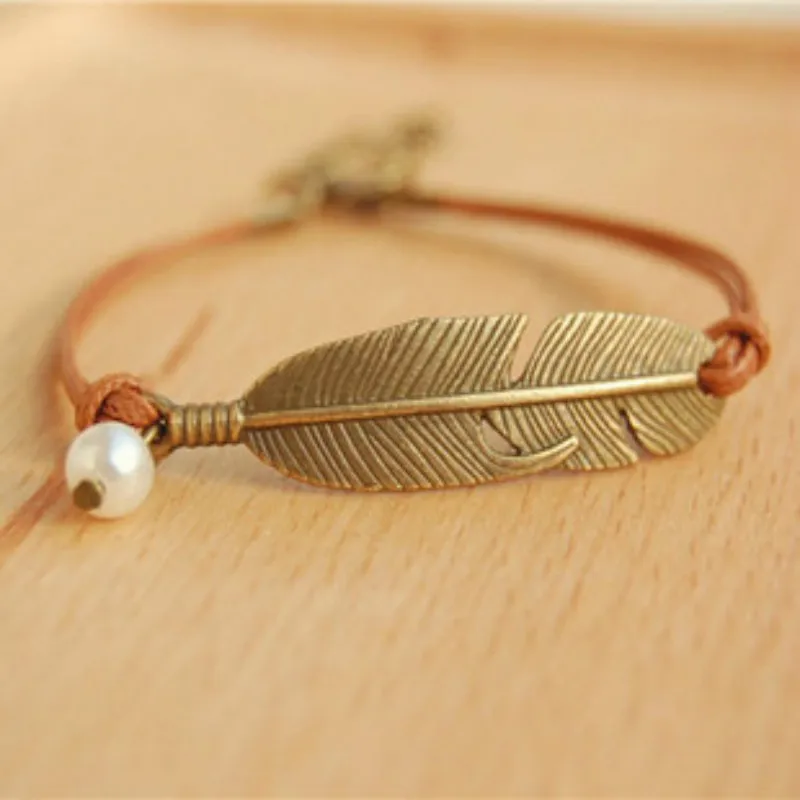 

Simple vintage leather chain Imitation pearls feather charm bracelets for women 2015 handmade fine jewelry pulseiras femininas