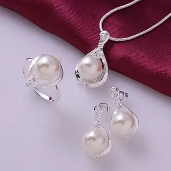 

SMTCAT 2018 New Fashion Fine Quality 925 stamped silver plated Jewelry Set Pearl Ring Earring Necklace crystal Jewelry Set Women