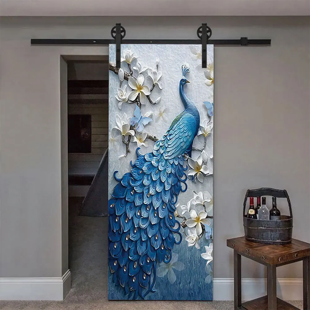 77x200cm 3D PVC Peacock Dress Diamond Feathers Painting Waterproof Door
