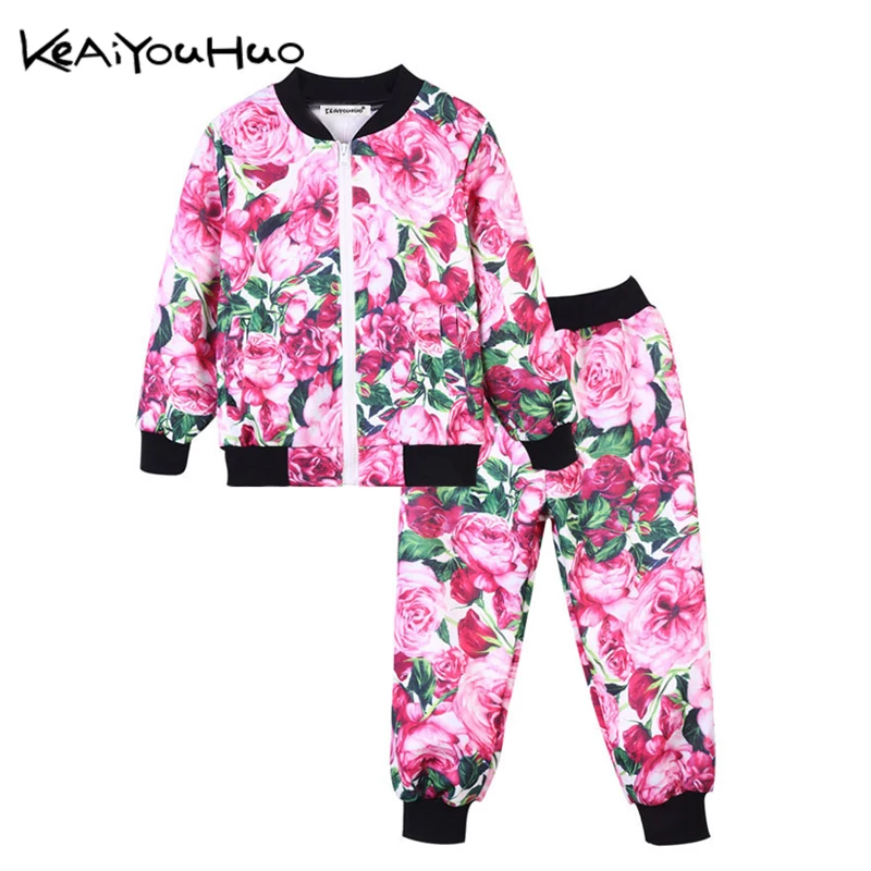 KEAIYOUHUO/Коллекция года; сезон осень-зима; детская одежда с цветочным рисунком для девочек; футболка+ брюки; детские спортивные костюмы; спортивные костюмы для девочек-подростков; комплекты одежды