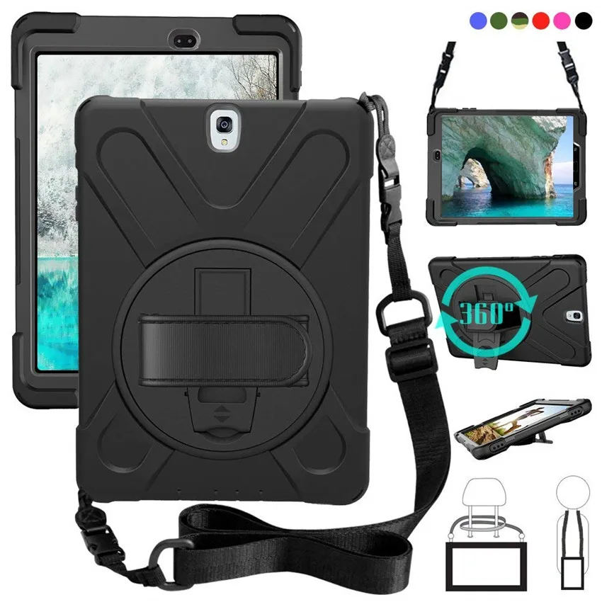 

For Samsung Galaxy Tab S3 9.7 T820 T825 Case, Heavy Duty Armor Cover With Handstrap strap shoulder belt Rubber Carry Work Holder