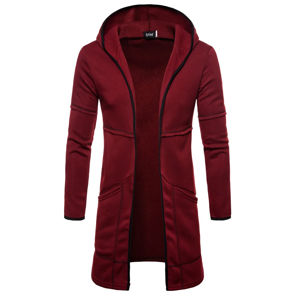 Мужской стиль, осенне-зимнее пальто, теплый Тренч, новая мода, длинное пальто, Повседневная однотонная верхняя одежда, кардиган - Цвет: Бургундия