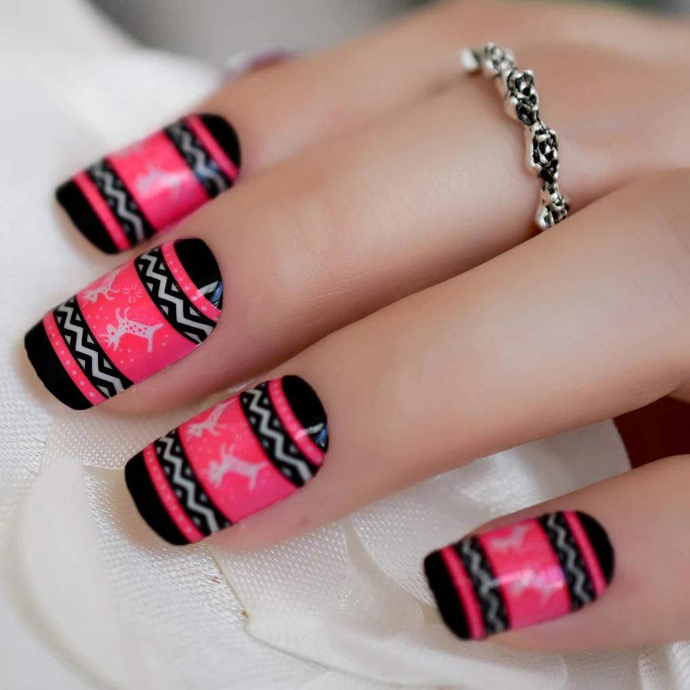 Розовый милый олень накладные ногти Средний Рождественский квадратный черный особый акриловый искусственный ногти Красота повседневная одежда