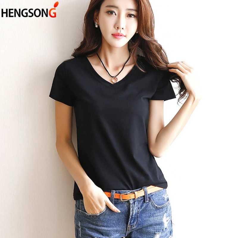 2018 Summer Short Sleeve T-shirt Women V-Neck / Round Neck Solid Color Tees Black / White Simple Women T Shirt Casual Tees Tops