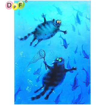 

DPF DIY Blue cat swimming 5D home decor diamond mosaic square crafts diamond embroidery needlework diamond painting cross stitch