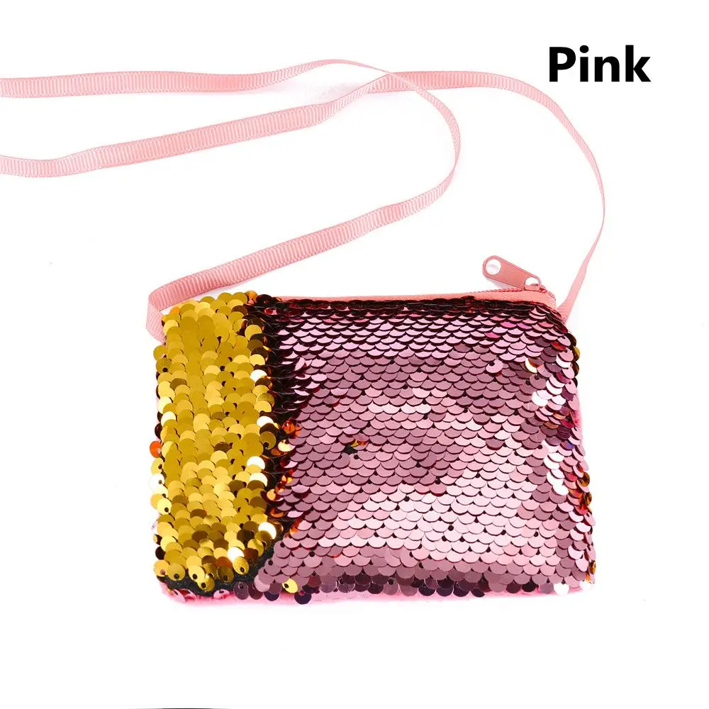 New Fashion Kids Girl Glittering Purse Mermaid Sequins Coin Purse Wallet Women Handbag Party Zipper Clutch Bag Earphone Package - Цвет: Розовый