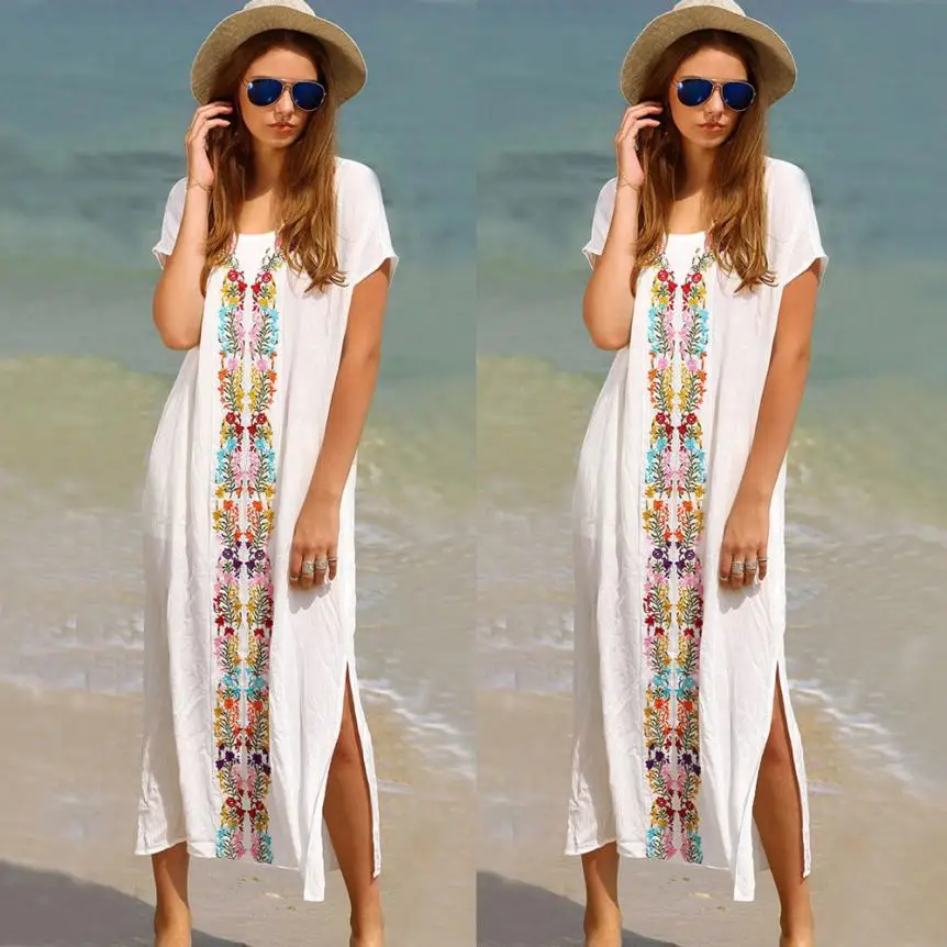 

KANCOOLD dress new high quality Summer Kaftan Beach Swimwear Embroidered Long Dress Short Sleeve dress women mar13